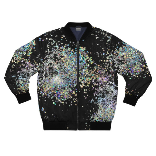 Model wearing a black and silver ombre bomber jacket with chunky sequins and glitter